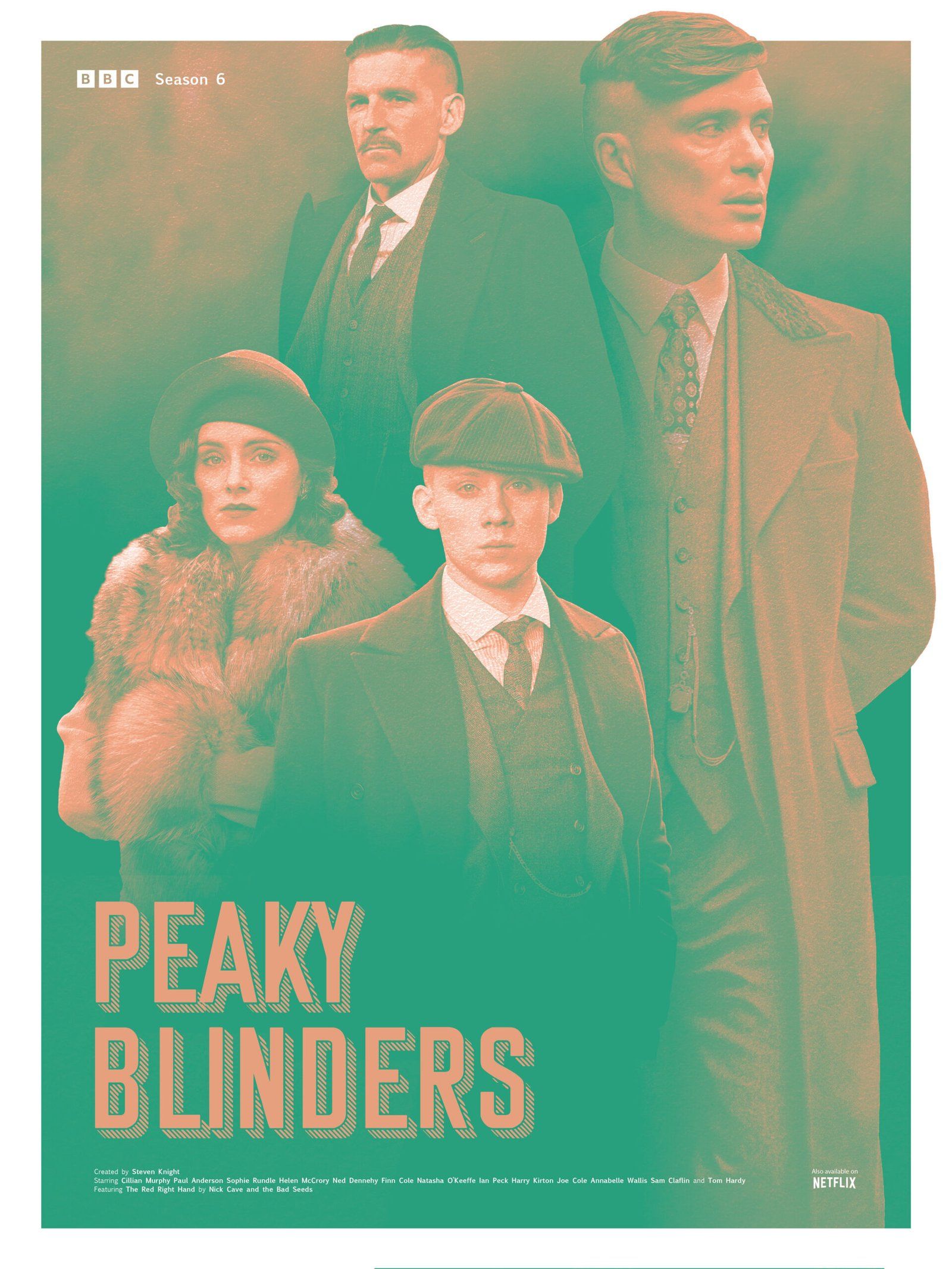 Various members of the Shelby family in profile, arranged in a "floating heads" style poster.
