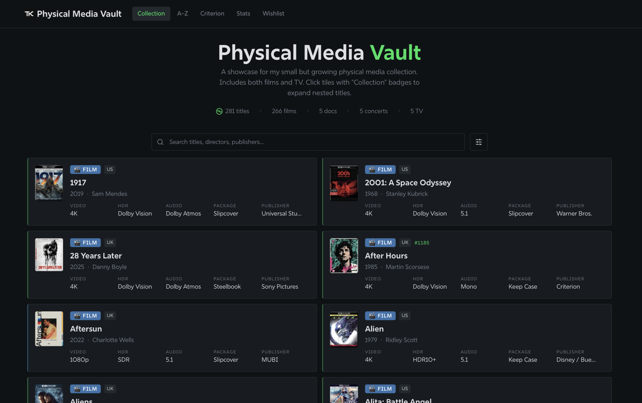 A screenshot of my physical media catalogue app showing its front page listing my collection of discs
