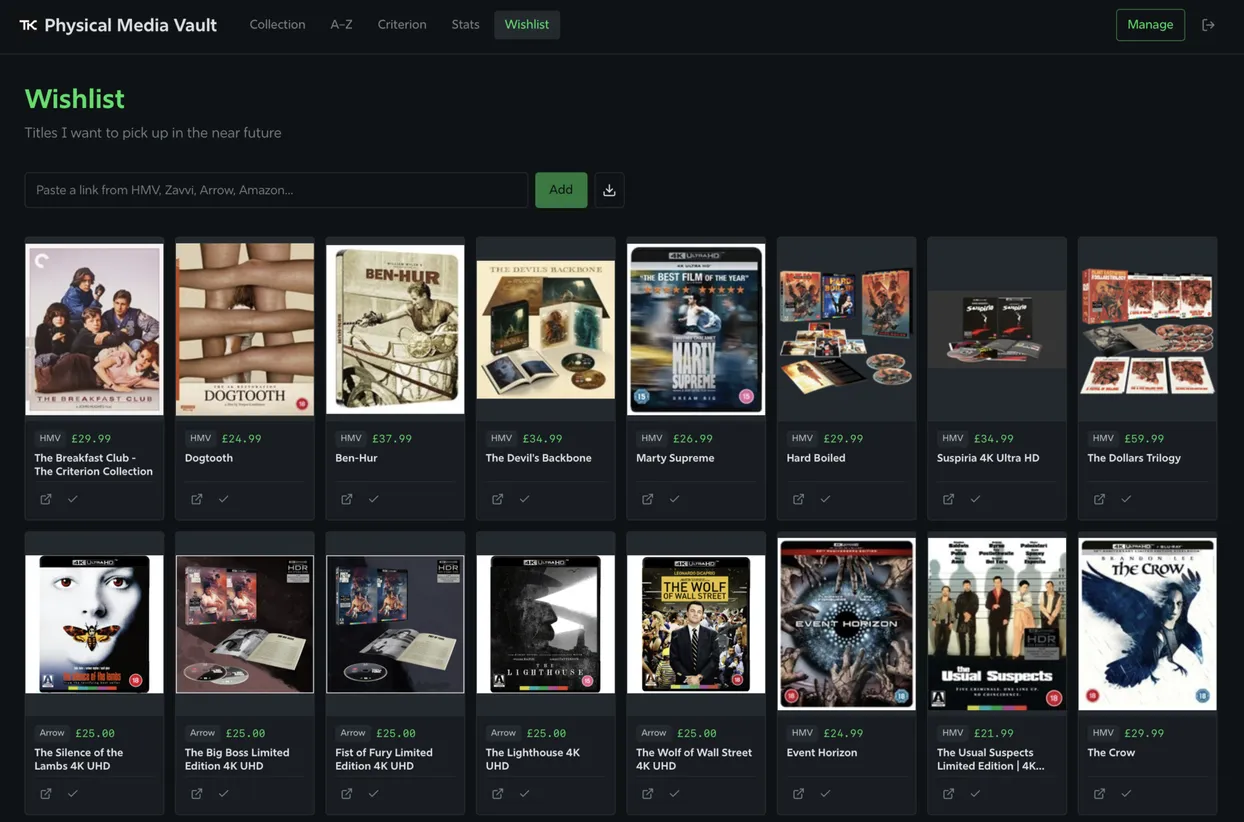 A screenshot of the Wishlist showing my view when logged in