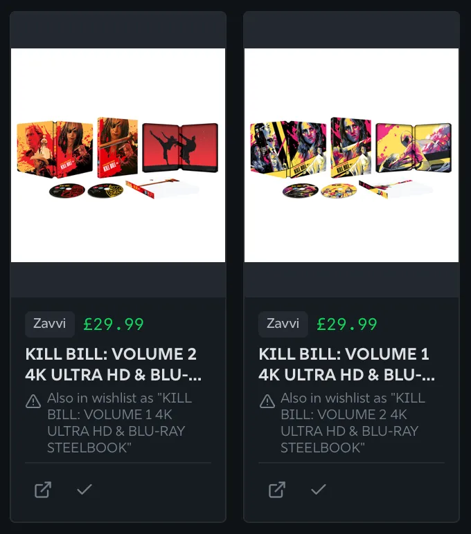 A screenshot from the Wishlist, showing the app flagging Kill Bill Volumes 1 and 2, because the titles are similar to each other