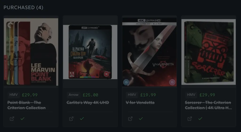 A screenshot showing the greyed out titles in the “purchased” section of the Wishlist