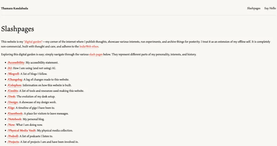 A screenshot of my new Astro-based website’s “slashpages” page, linking all the main pages of the site