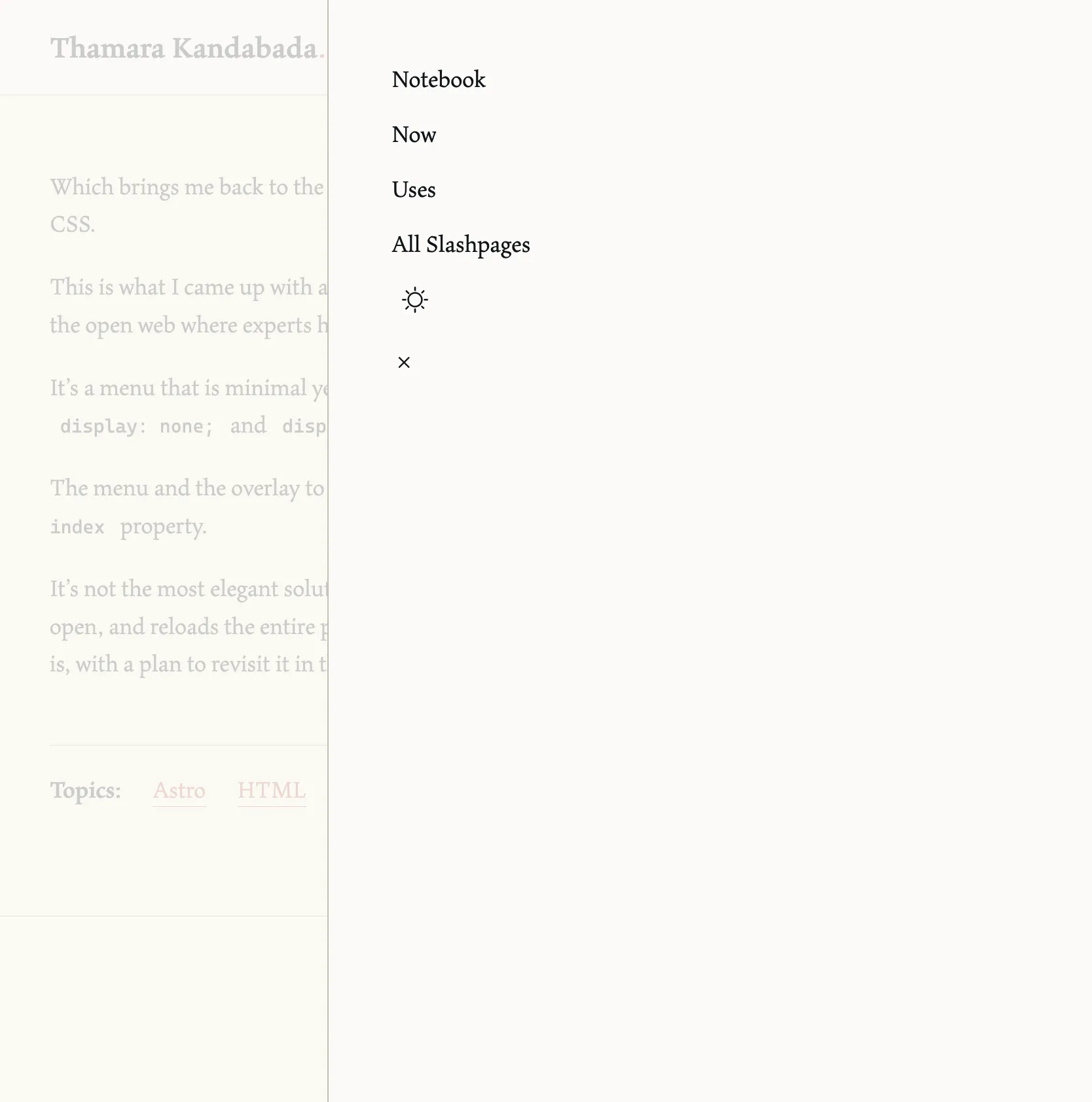 My mobile menu displayed on a small screen, which includes the same links as the desktop version, by listed top to bottom on the right hand side of the screen
