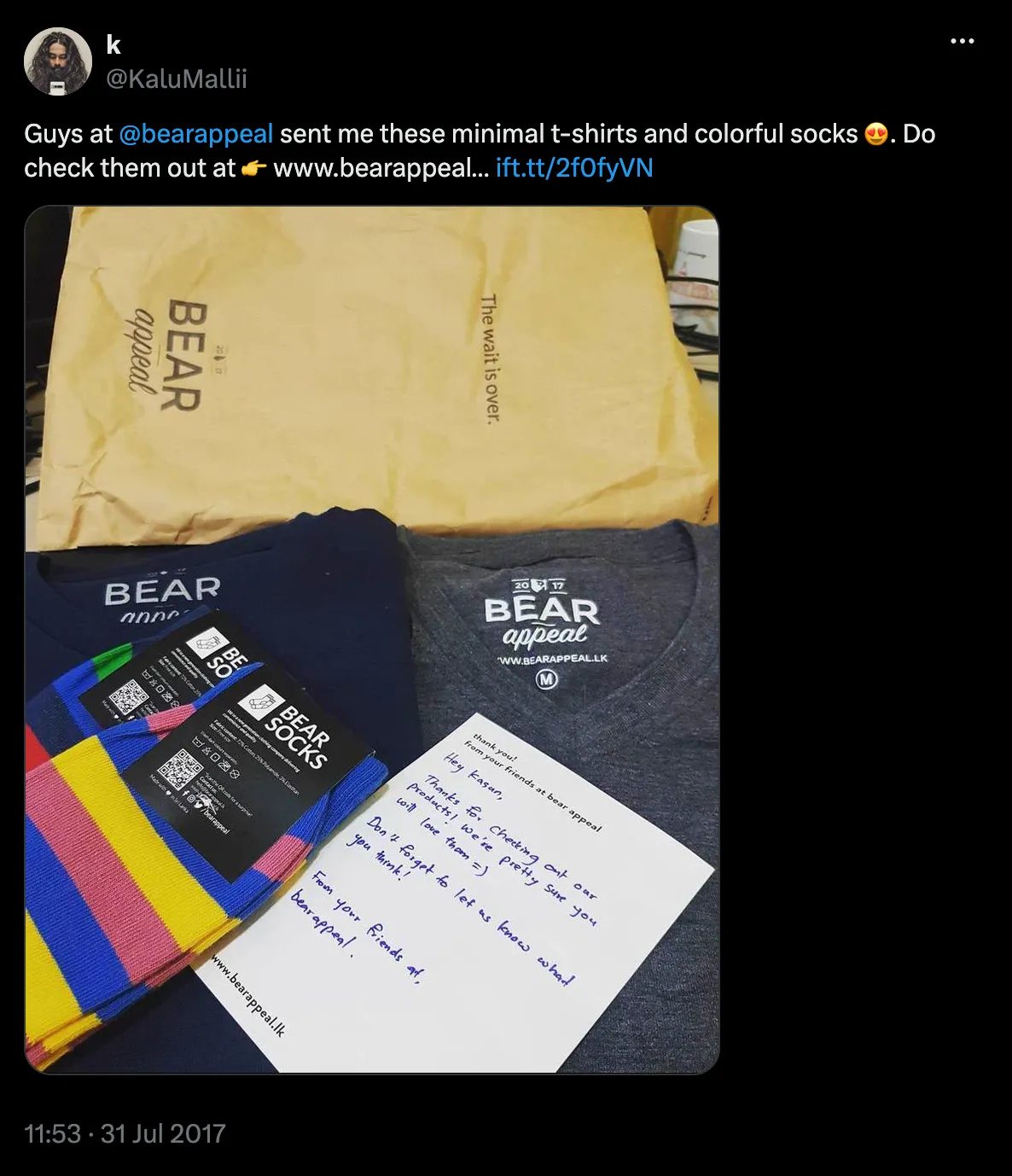 Twitter user KaluMalli posting about our products