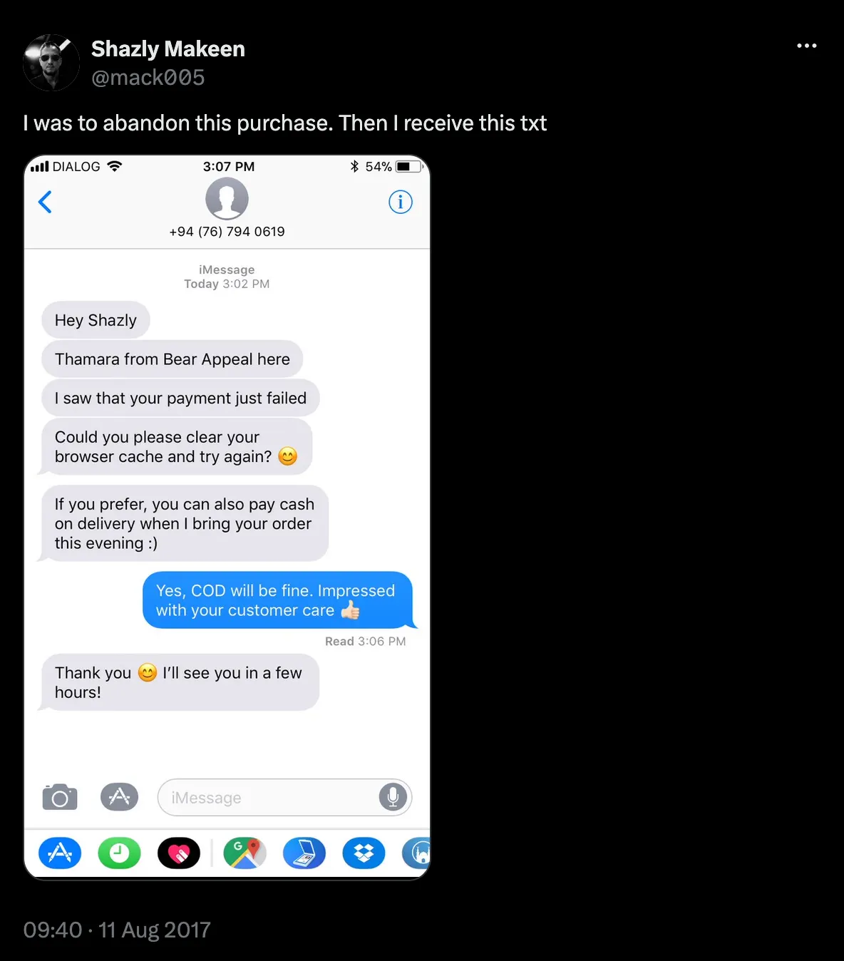 A twitter post from a customer delighted with our service