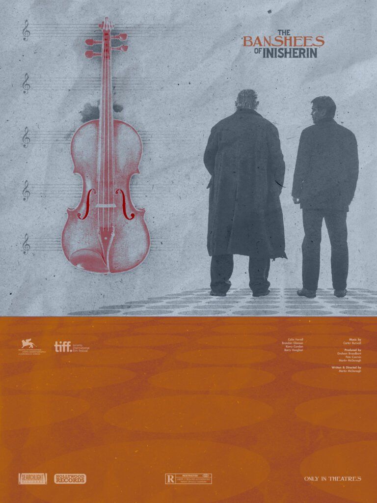 Colm (Brendan Gleeson) and Pádraic (Colin Farrell)looking at each other (left); a fiddle is overlayed on some sheet music (right)
