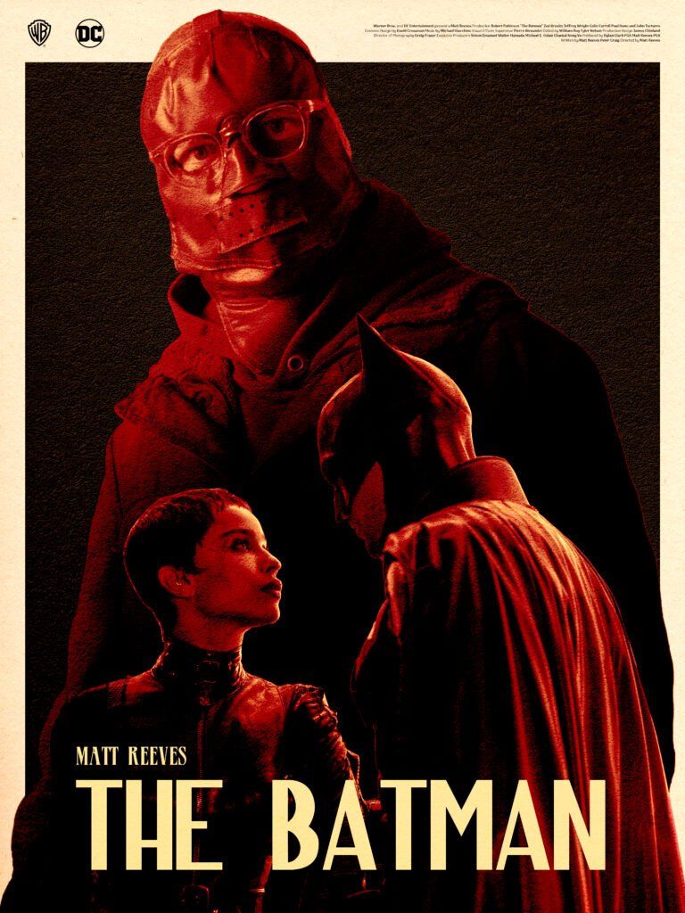 The Riddler looming large in the back as Batman and Catwoman look at each other