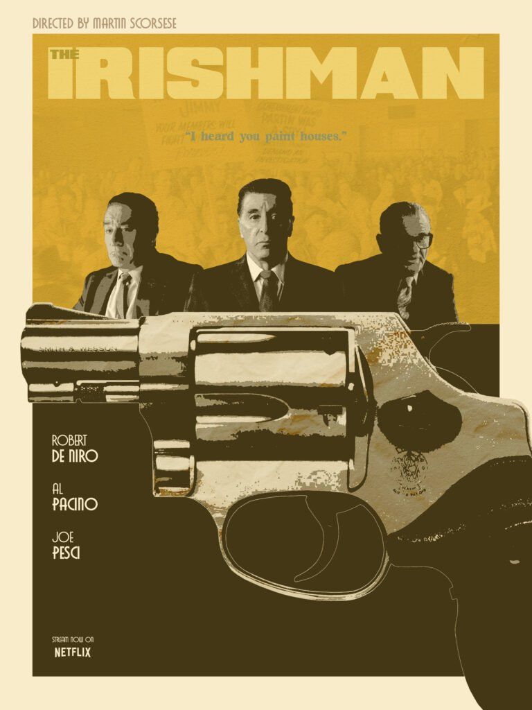 From left to right, Robert De Niro, Al Pacino, and Joe Pesci, with a large handgun in the foreground