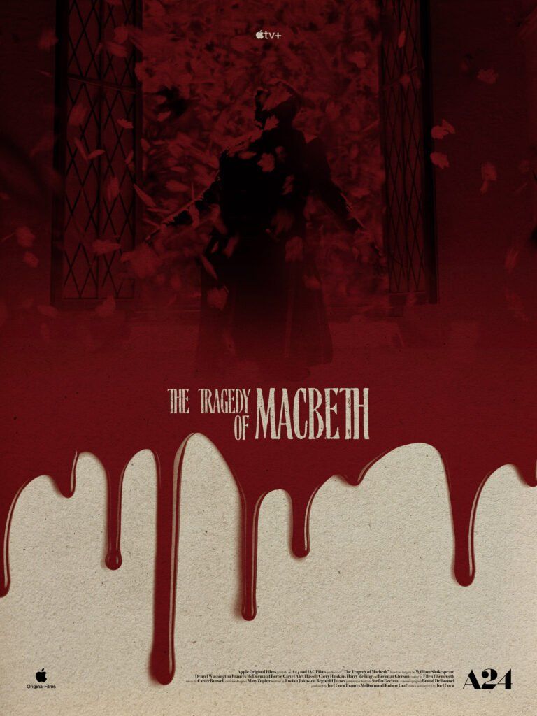 Denzel Washington as Macbeth, seen through a screen of blood flowing on the poster