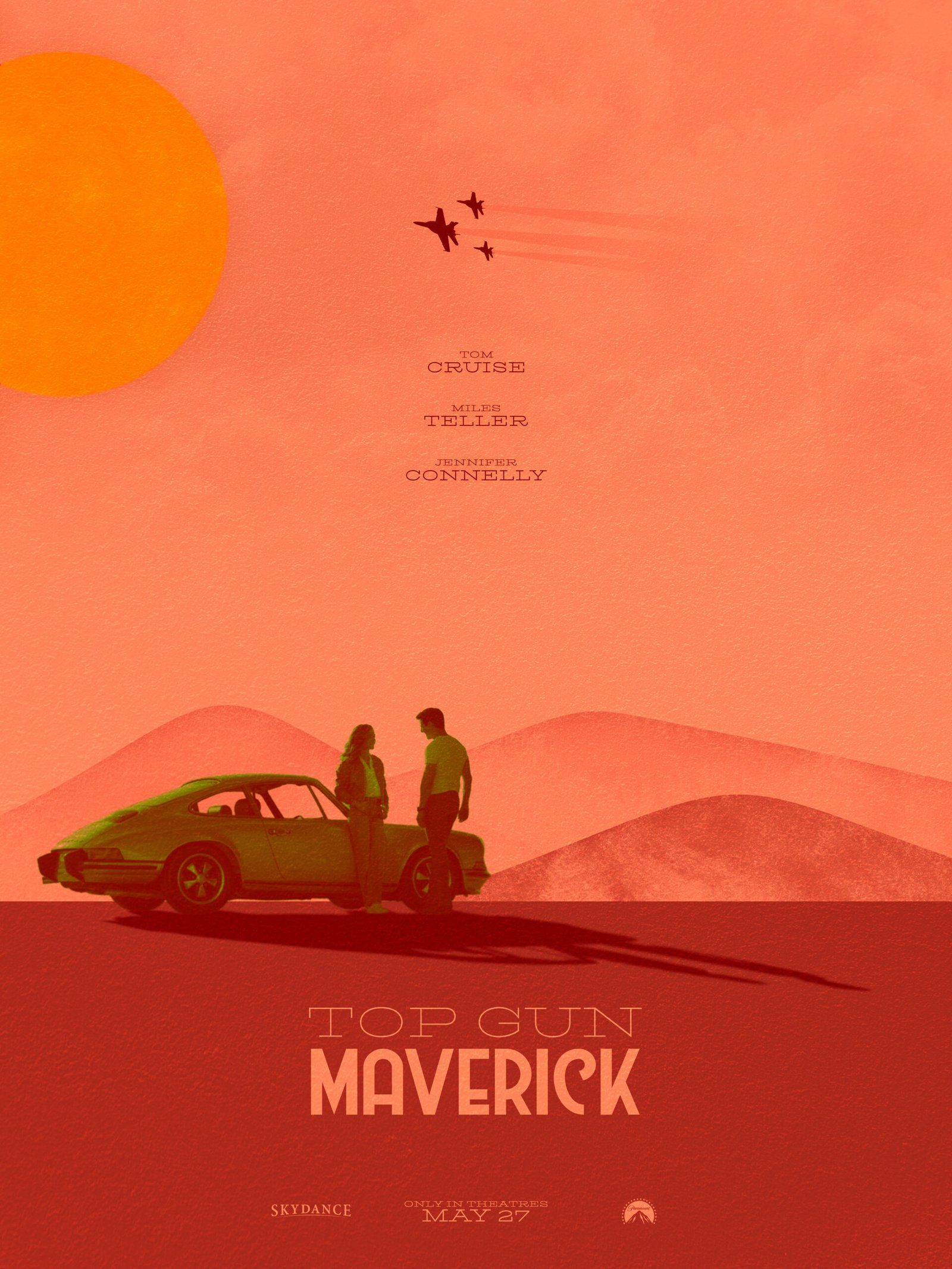Film poster with Tom Cruise and Jennifer Connelly, towards the left of the image, near a car. 3 Jets pass overhead next to a bright yellow sun.