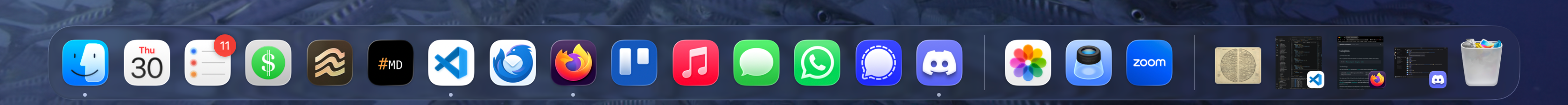 A screenshot of my dock on the MacBook Air, with a number of my most used apps