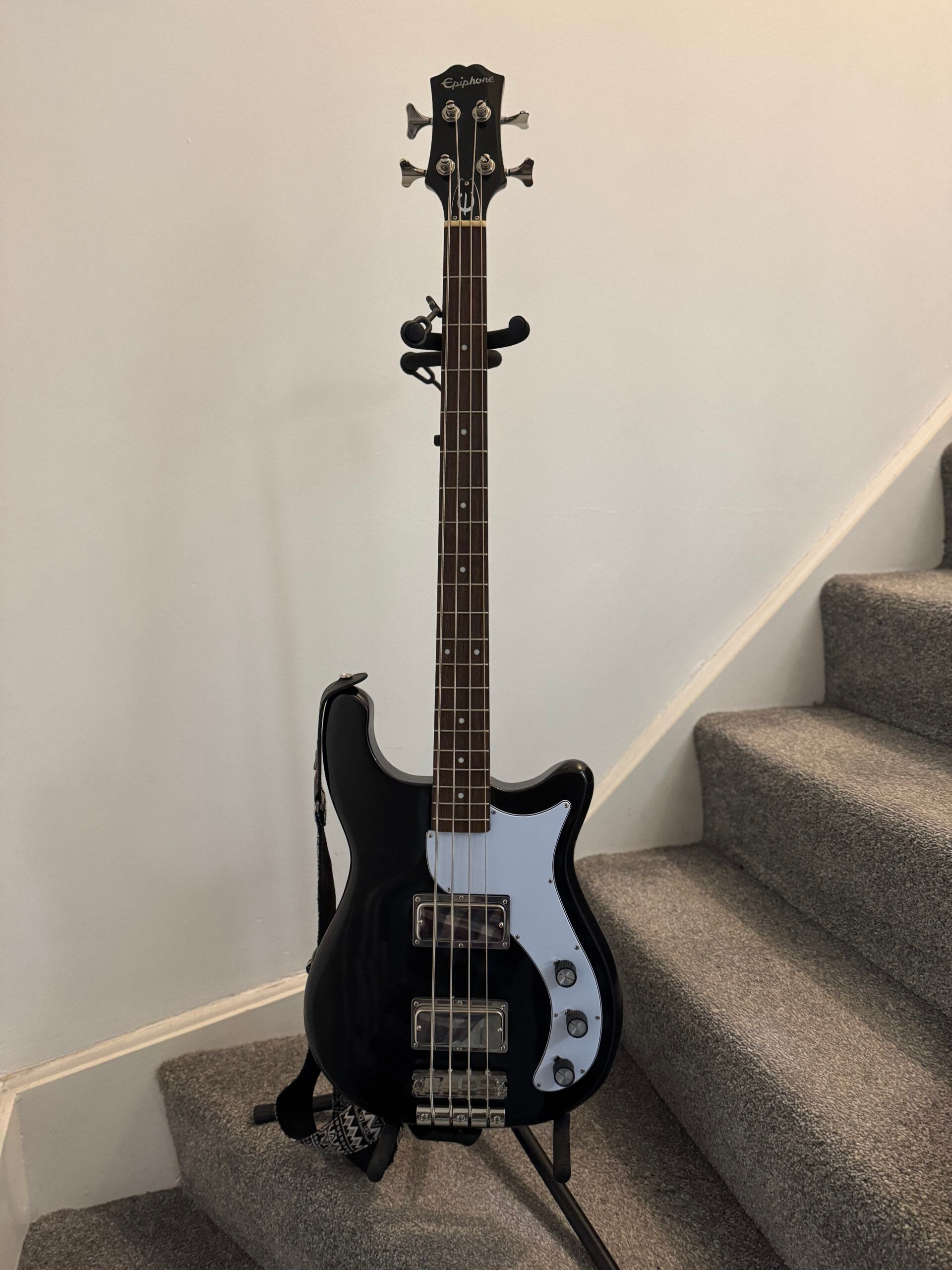 Epiphone Embassy electric bass guitar with Mahogany body finished in Graphite Black body and Laurel fretboard