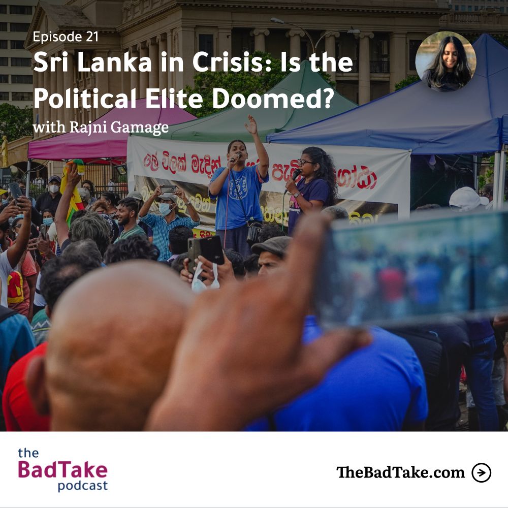 Scene of a protest with a large gathering of people with the episode information overlaid