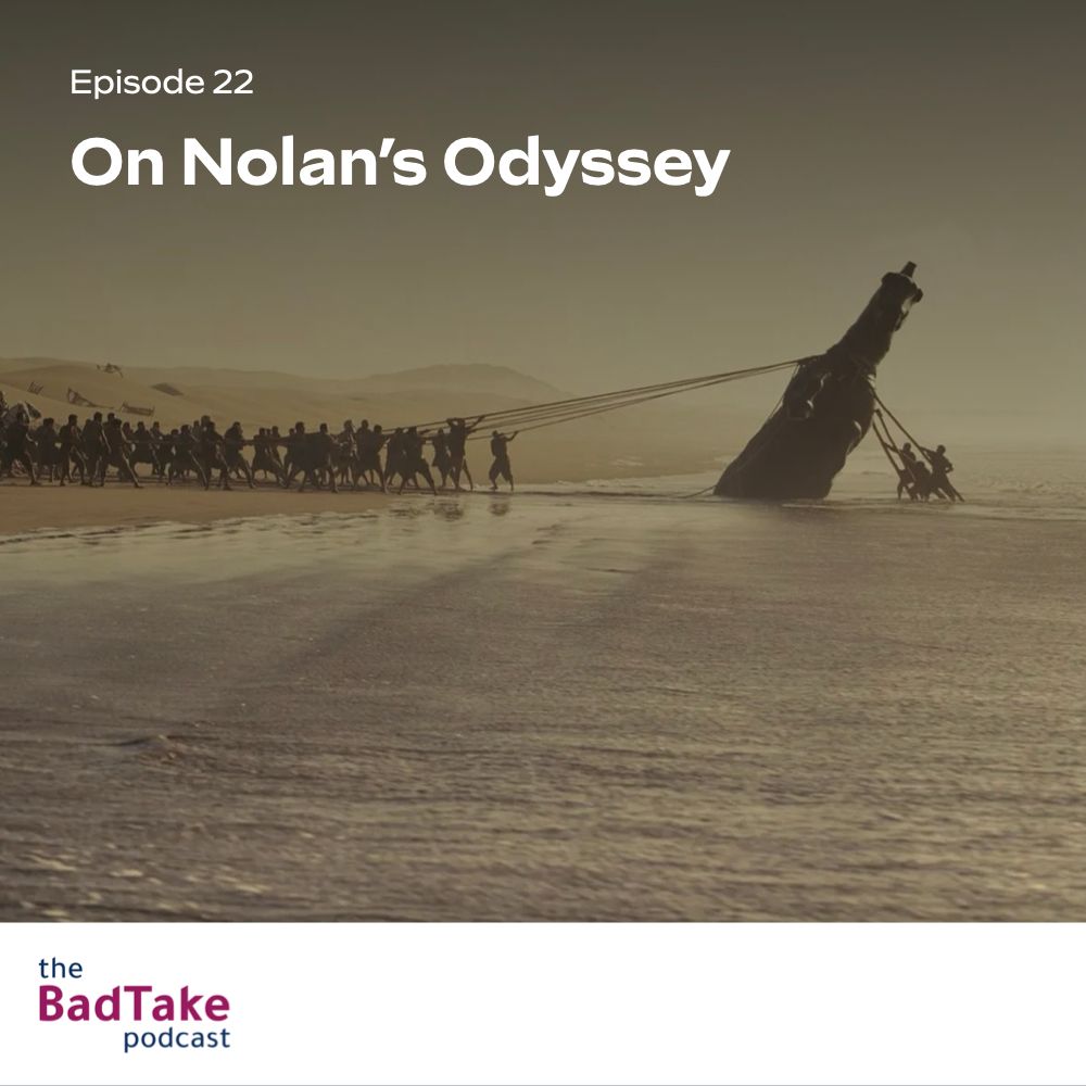 A still from the film The Odyssey of a group of people pulling a large horse statue out of a beach, overlaid with the podcast logo and title name