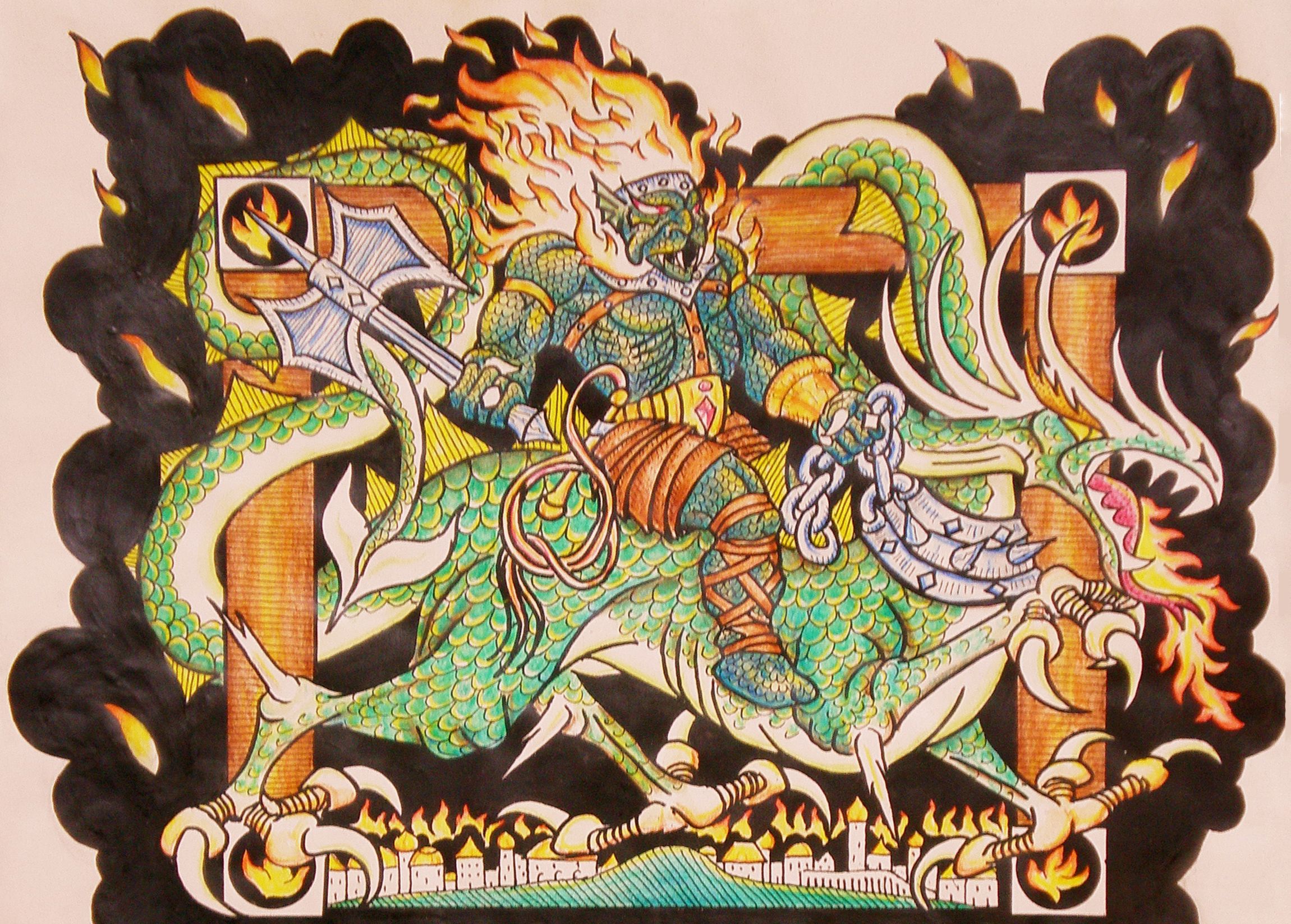 A colourful and stylised drawing of a Balrog, engulfed in flames and wielding a large axe, riding a dragon