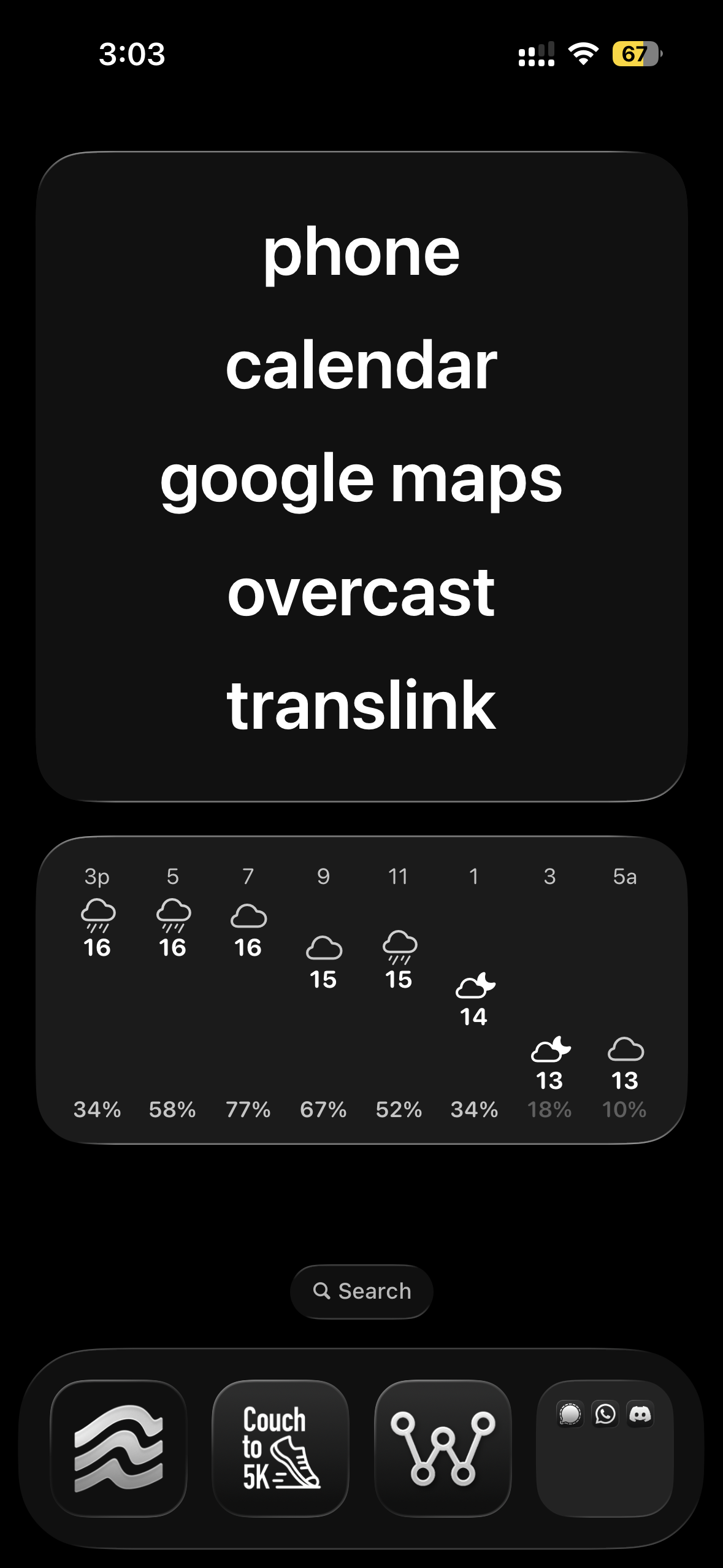 My minimal phone homescreen containing text launcher icons to Phone, Calendar, Google Maps, Overcast and Translink.