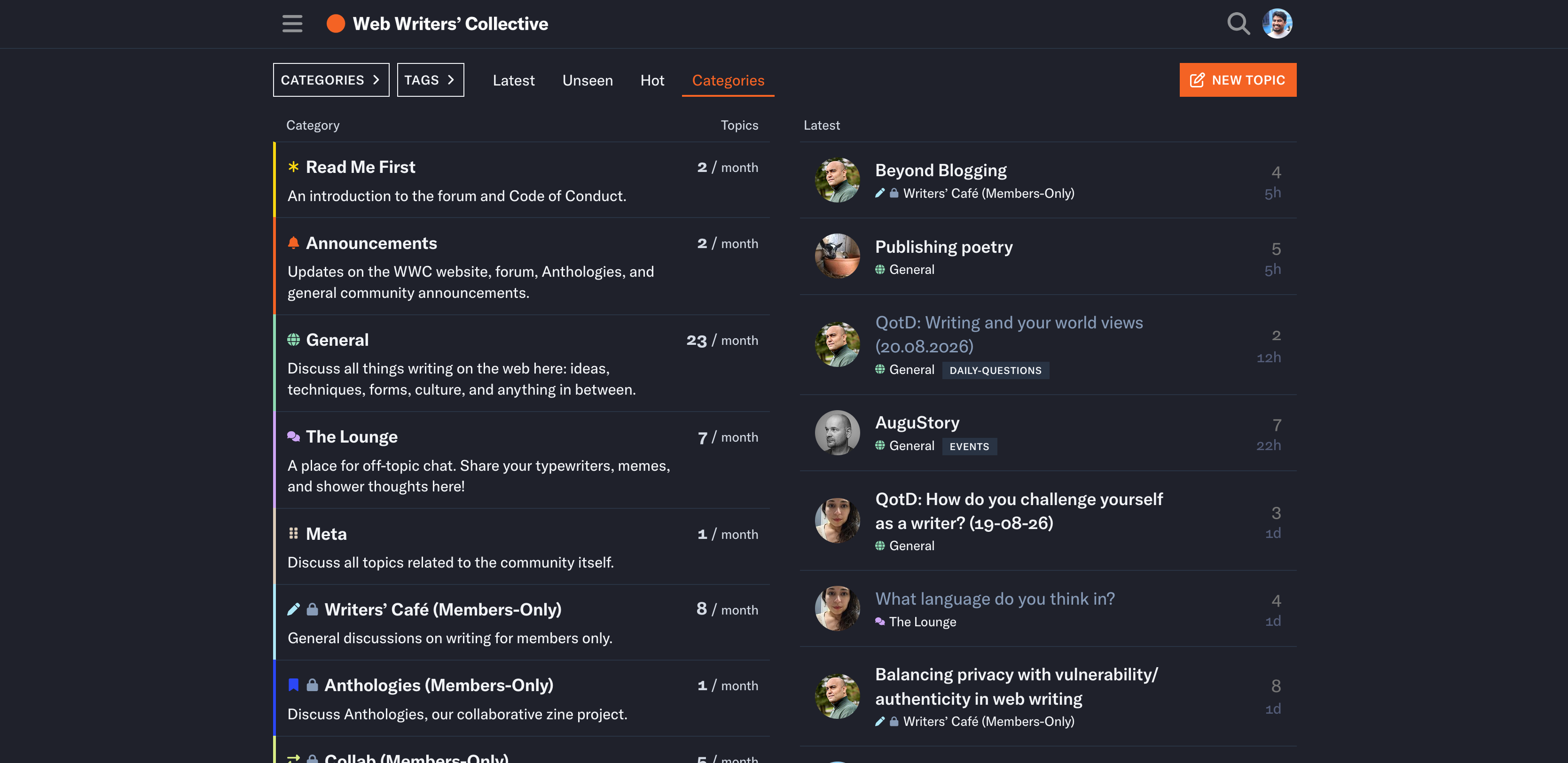 A screenshot of the front page of the forum