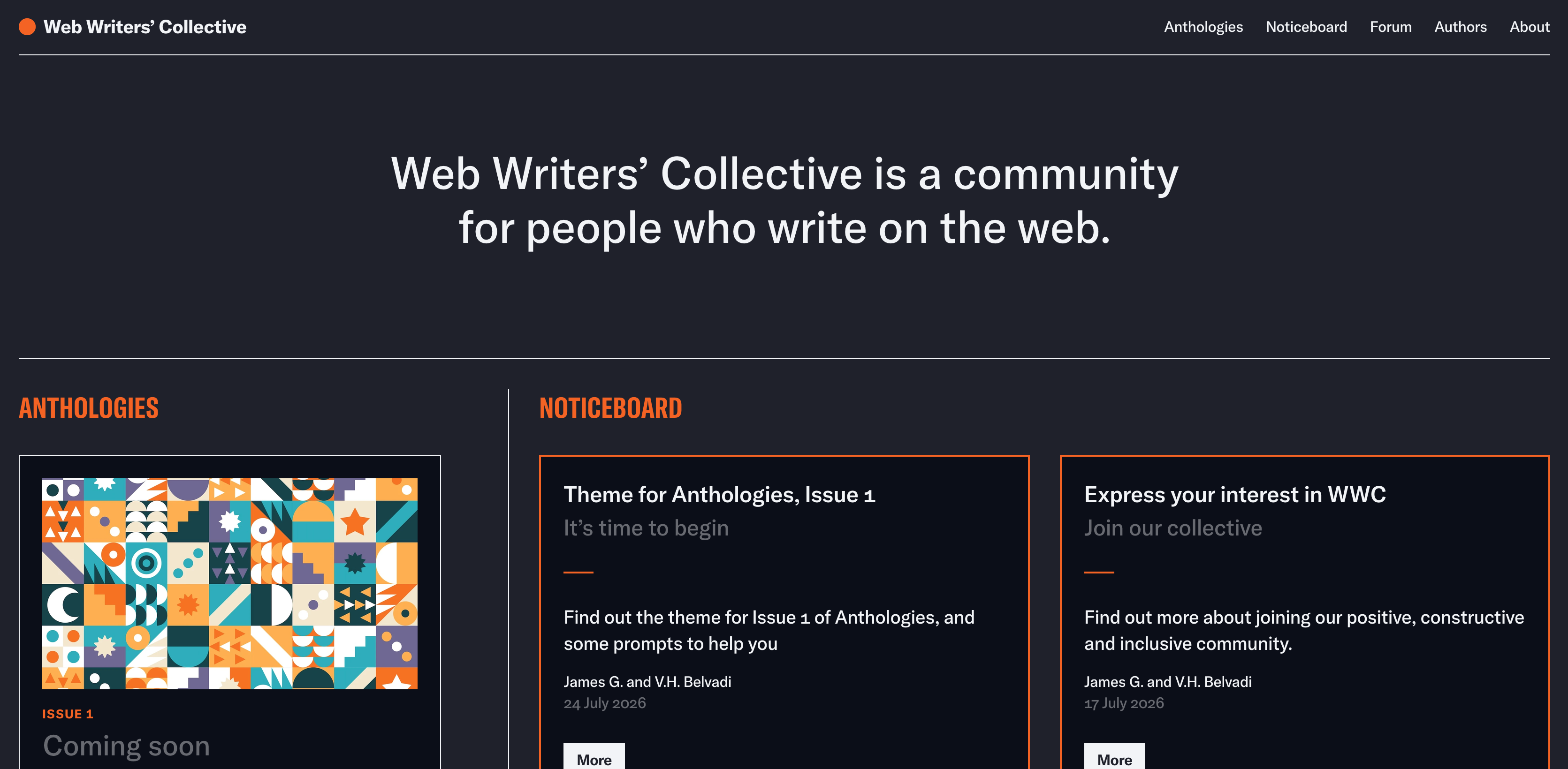 A screenshot of the front page of the website