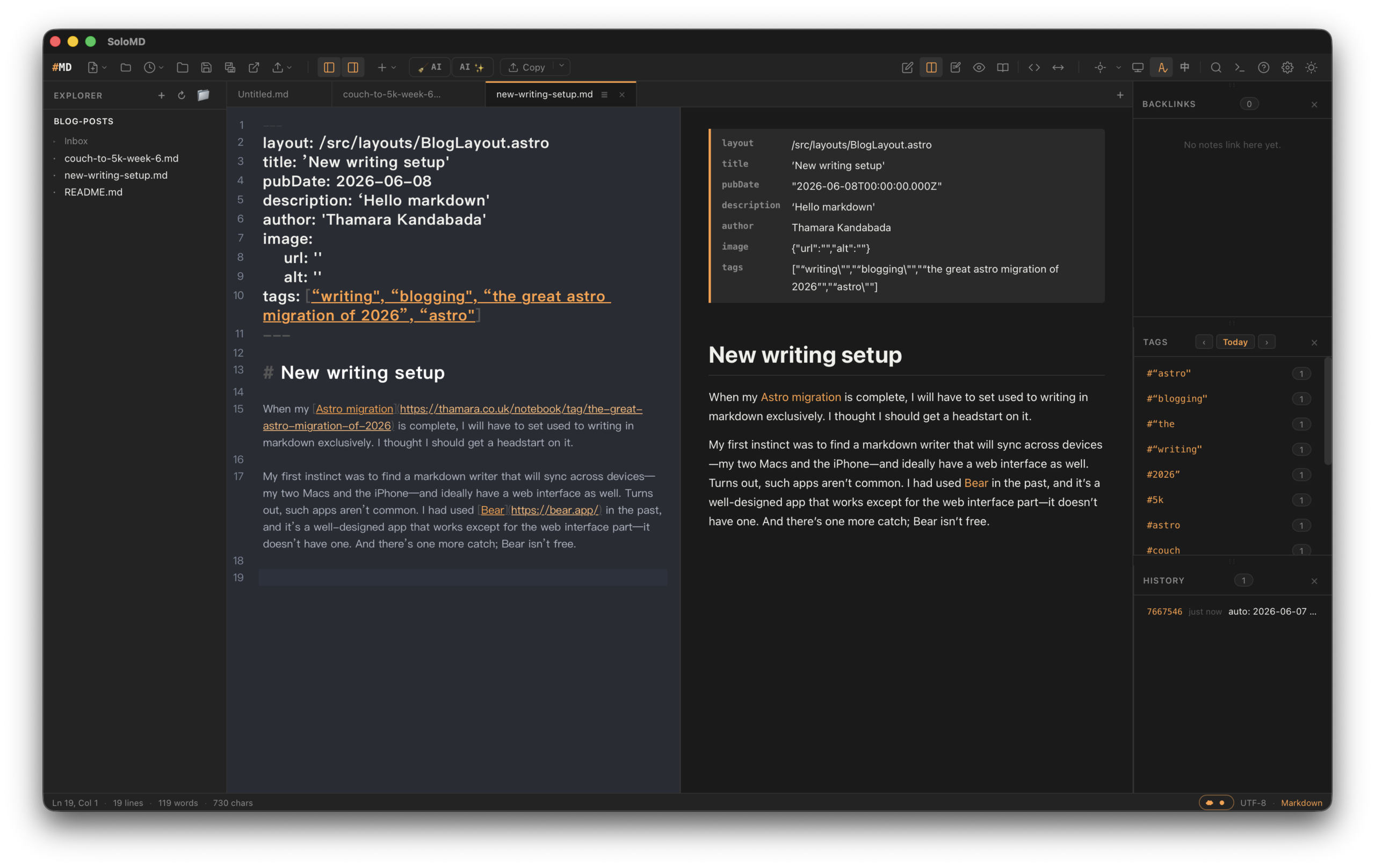 A screenshot of the soloMD app for Mac, on which I am writing this post. The title and the first few paragraphs have been written, along with the JavaScript frontmatter required for Astro posts.